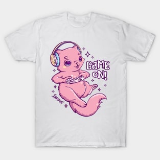 Cute pink gamer Cat playing with joystick T-Shirt